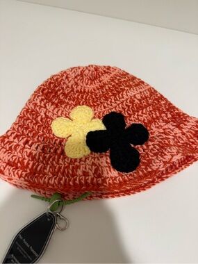 Crochet Flower Bucket Hat - Orange with Yellow & Black Flowers